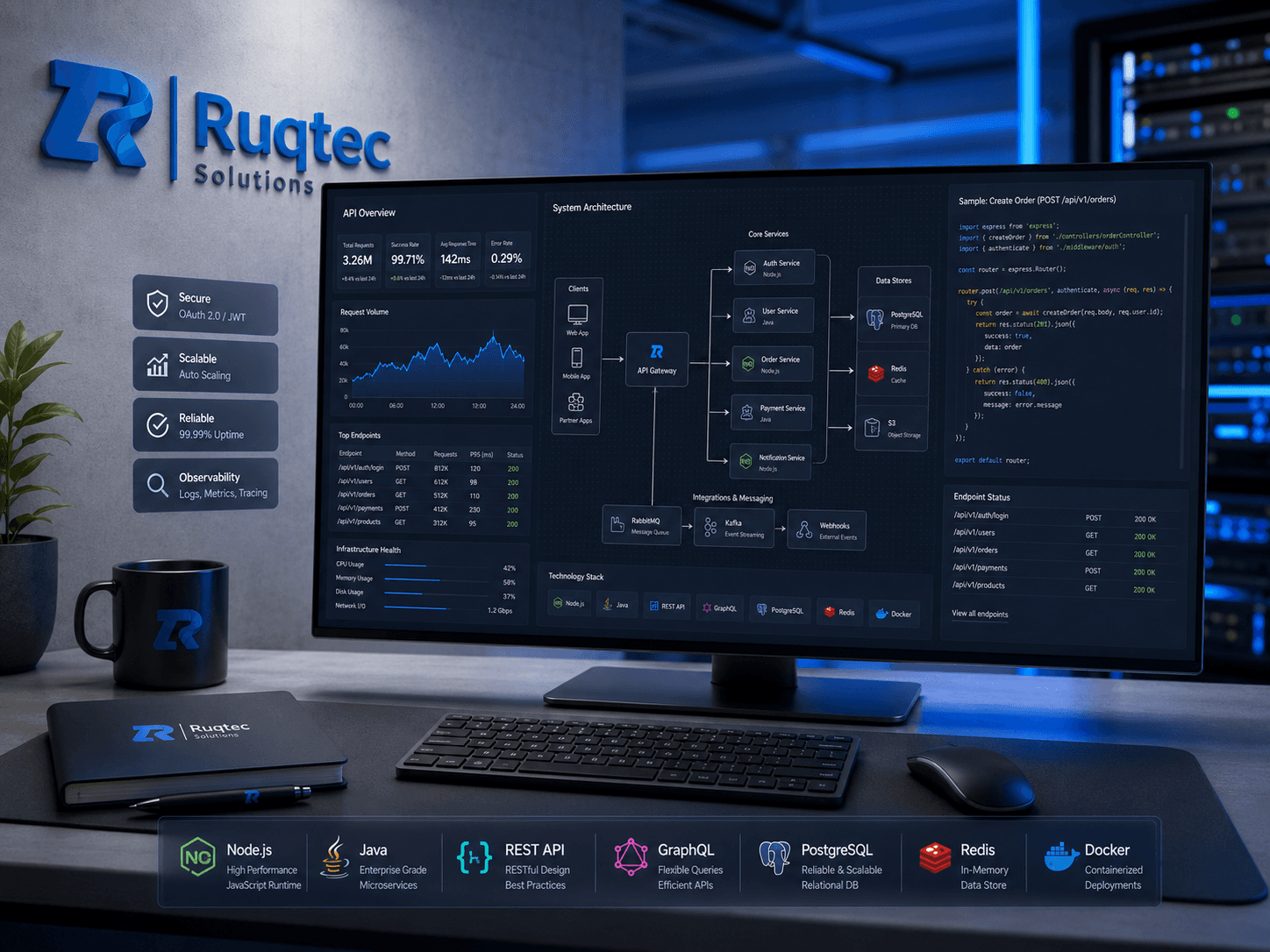 Enterprise dashboard mockup for operational reporting and system monitoring