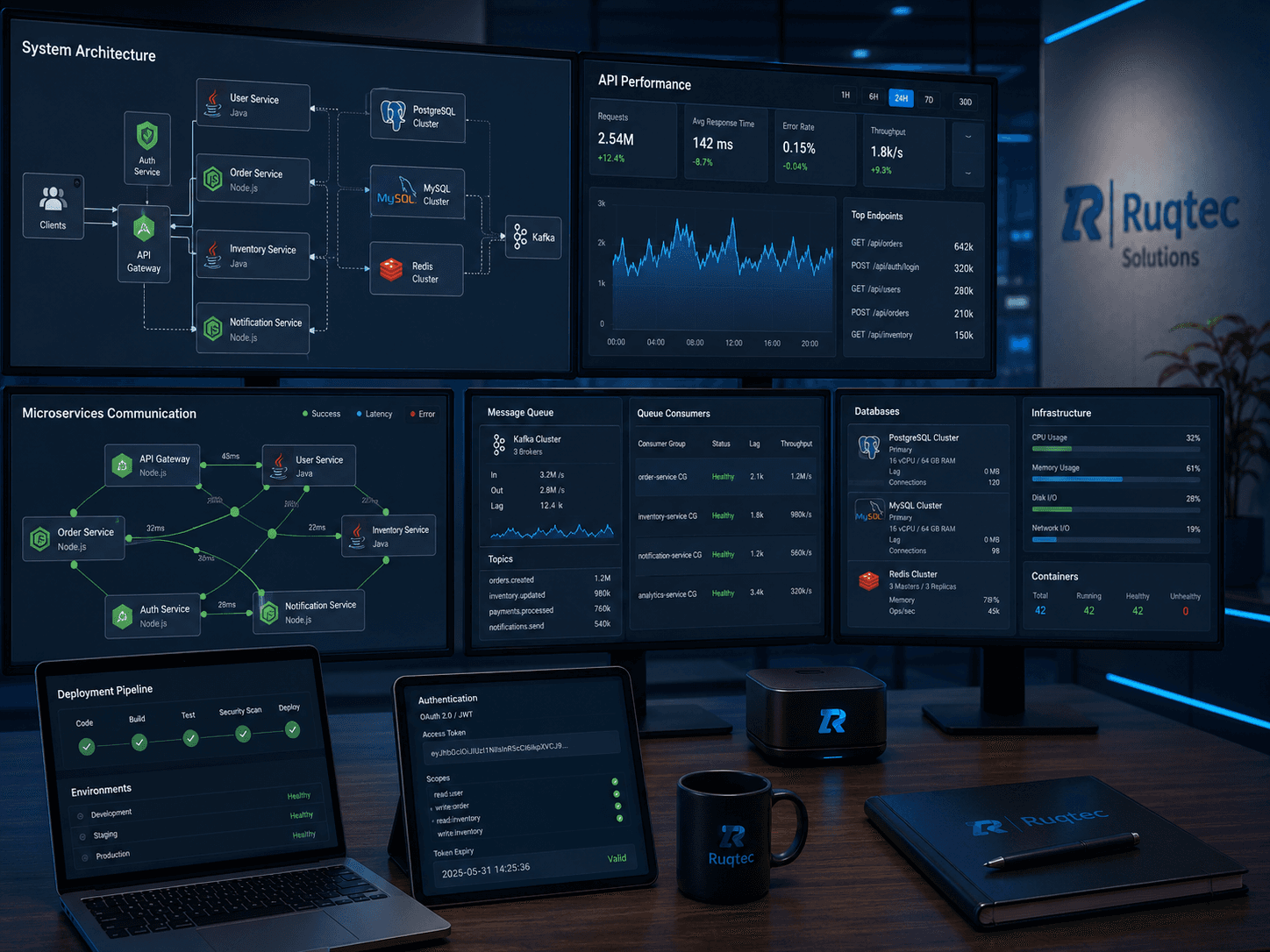 Backend analytics dashboard mockup showing server health and data metrics