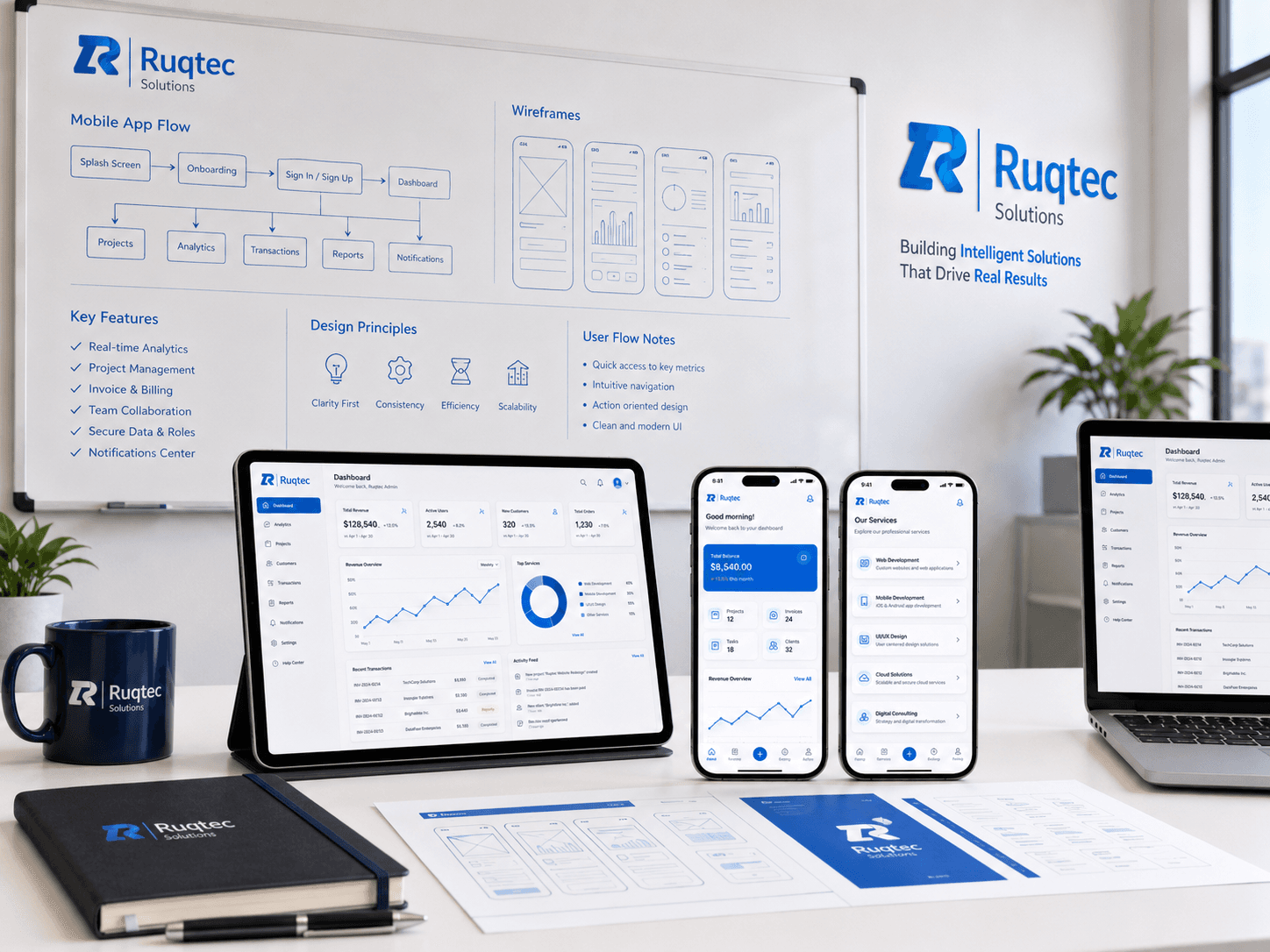 Web and mobile product workflow mockup on a desk with multiple devices