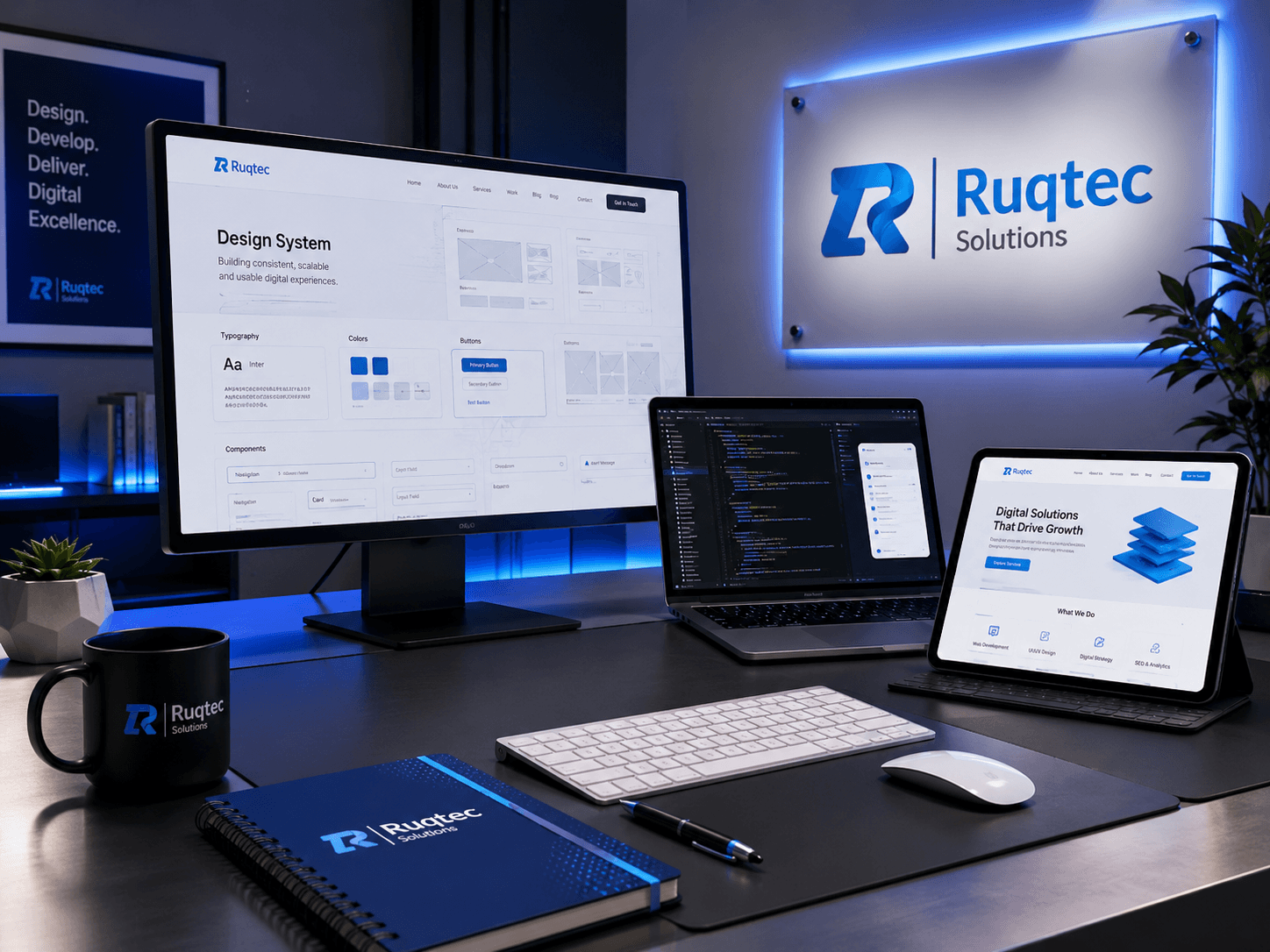 Professional web design workspace with desktop and laptop website previews